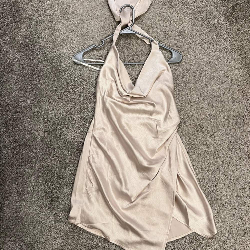 satin champagne halter cowl neck mini dress